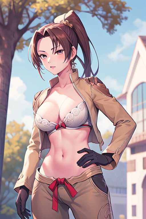 mai shiranui, ponytail, brown hair, brown eyes,confident pose,ragnarokthief, jacket, long sleeves, brown gloves, pants, trees