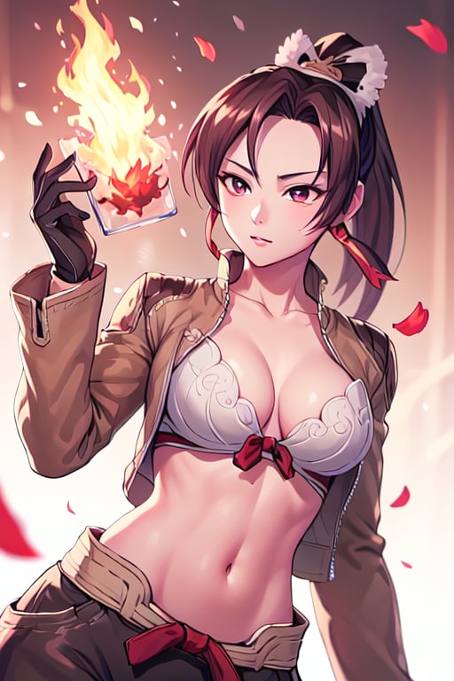 mai shiranui, ponytail, brown hair, brown eyes,confident pose,ragnarokthief, jacket, long sleeves, brown gloves, pants, fire, flame, petals