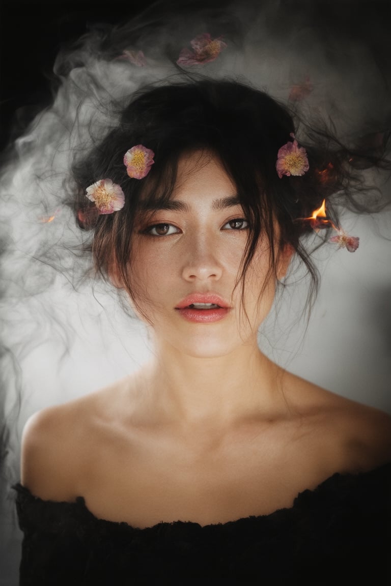 A dreamy portrait of a woman emerges from a swirling vortex of black and white smoke, as if conjured by the ethereal dance of embers. Her features are shrouded in mystery, with delicate petals of surrealistic flowers floating around her head like wisps of thought. The composition is set against a soft, faizian haze, with warm lighting that casts a mesmerizing glow on her enigmatic face.