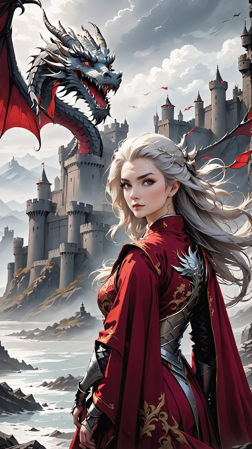 Create a scene set in a rugged, windswept terrain with a grandiose, weather-worn fortress in the background. A lone figure, a regal woman with platinum hair swept back, stands resolutely. She wears intricate, crimson robes adorned with silver embroidery. Her expression is strong and determined. Behind her are two magnificent dragons: one poised with wings partially unfurled, the other relaxed but equally imposing. The dragons' scales glint under an overcast sky. The fortress is dark and ancient, with turrets and battlements reaching skyward. The sky is a canvas of muted greys, enhancing the dramatic and epic atmosphere. Ensure the scene evokes a sense of power, heritage, and destiny, blending elements of fantasy and reality."