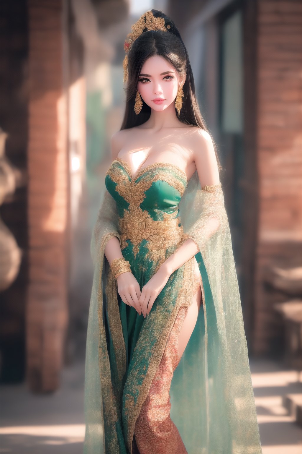 The image is an artistic representation of a female, solo, long hair, breasts, looking at viewer, black hair, cleavage, bare shoulders, , wears unique outfit. The outfit is a suits that are designed to resemble a variety of the Vietnamese white noodles, vegetables, meat, and sauces, arranged in a pattern that covers the entire garment. The figure is standing against a plain background with a textured appearance. Notable features include the detailed depiction of the food items on the clothing and the signature of the artist at the bottom right corner. The overall impression is one of creativity and fashion, blending the concept of clothing with culinary art.,