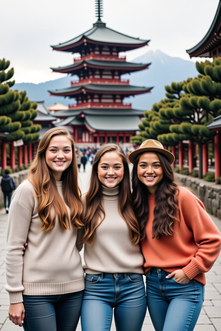 A candid photo of a three teenage girls standing in front of a famous temple during their vacation to Japan. The girls are excited and smiling. They are wearing woolen jumpers and jeans. One is wearing a beany. All three have dark tan skin. 