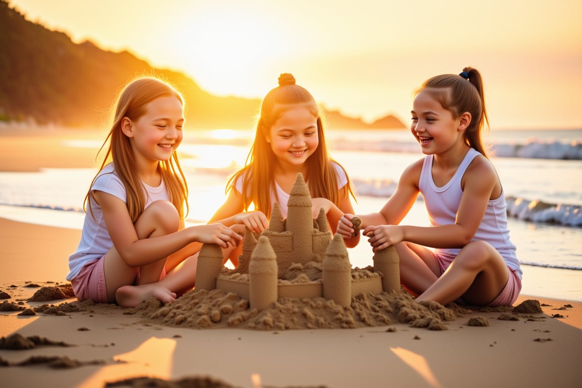 A warm, golden light illuminates a joyful scene: two beaming girls, ages six and nine, and their little brother, aged eight, constructing elaborate sandcastles together on a sun-kissed beach. The trio's laughter and excited chatter fill the air as they work in tandem, carefully crafting towers and moats amidst the gentle lapping of waves.