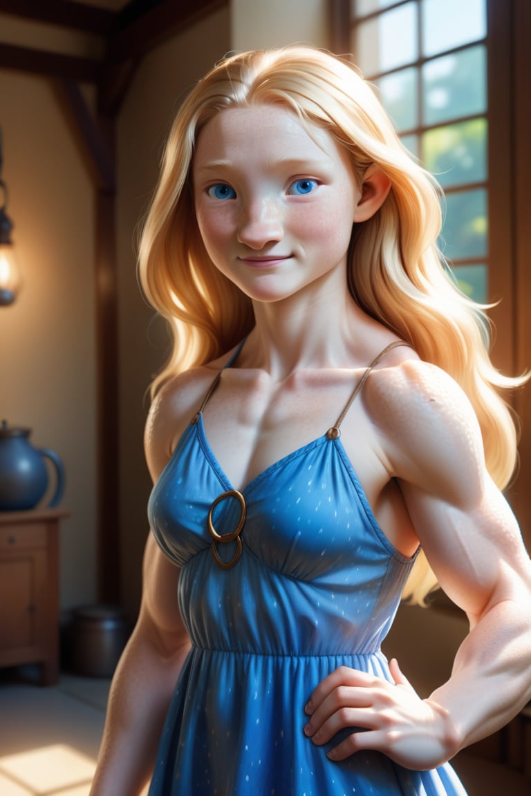 A full-body-length photo. radiant golden light bathes the 20-year-old anthro dragon woman's muscular body in a studio setting, accentuating her pale freckled skin. She wears a blue summer dress. Long blonde hair reaches her waist. The camera captures her full round features, highlighting the warm and innocent glow of her closed_mouth_smile. Her bright blue eyes sparkle with joy, beaming directly at the viewer as he radiates warmth and optimism.