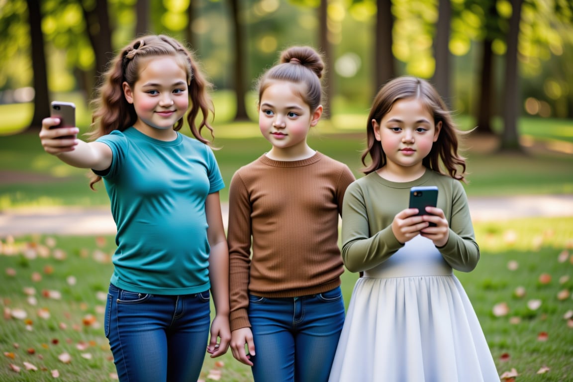 Captured from a high-angle perspective, three teenage girls are standing in a park, each holding their own cell phone in their hands. The 13 year old girl on the left is wearing a teal long-sleeved t-shirt and blue jeans, she has her arm extended out to the left, taking a selfie. The 11 year old in the middle is dressed in a brown sweater and blue pants, and she is looking down at her phone. The third girl, on the right, is 9 years old and is looking off to the side. She also has her arm extended to take a selfie. She is wearing an olive green button-down shirt, and a white dress. The background is blurred, with trees and leaves on the ground.