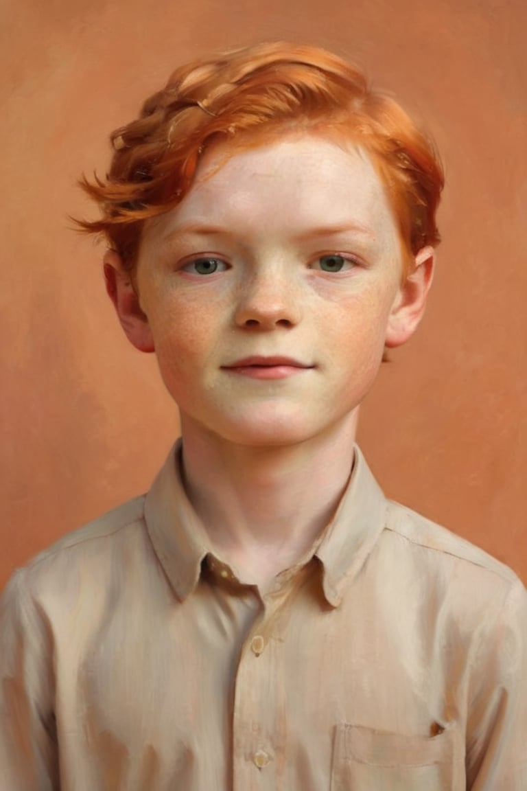 Boy, 10 year old, red hair, pale skin, athletic
Against the plain, terracotta backdrop of an Art Deco design, a charismatic individual poses waist-up, their hair styled with subtle texture and eyes locking onto the camera lens with unbridled confidence. The soft, warm glow illuminates them highlighting delicate features and accentuating their figure.