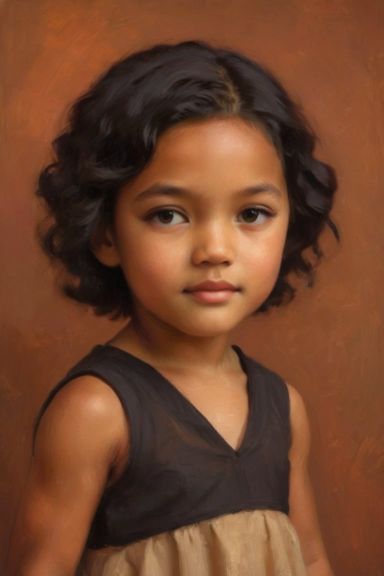 Girl, 3 years old, black hair, light tan skin
Against the plain, terracotta backdrop of an Art Deco design, a charismatic individual poses waist-up, their hair styled with subtle texture and eyes locking onto the camera lens with unbridled confidence. The soft, warm glow illuminates them highlighting delicate features and accentuating their figure.