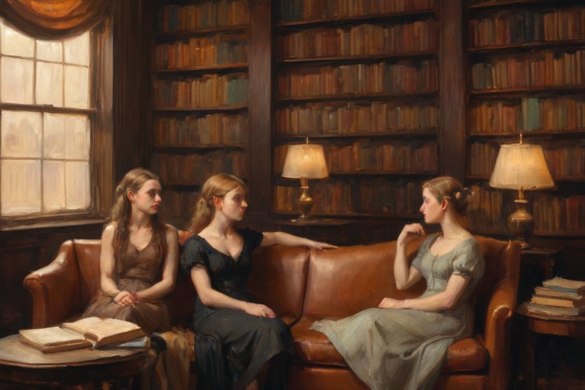 Three young women, dressed in modern attire with subtle vintage flair, sit together on a plush, leather chaise lounge in a dimly lit library. The walls are lined with towering bookshelves, their wooden spines glowing softly in the warm, golden light of floor lamps. One woman flips through a worn leather-bound volume, while another gazes out at the reader with a thoughtful expression. The third young woman reclines against the backrest, her eyes fixed on some distant point as if lost in thought.