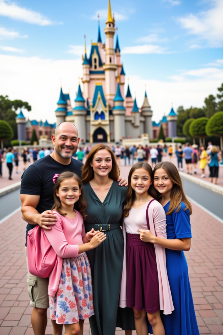 A candid photo of a family posing in front of a famous landmark during their vacation. The girls are excited and smiling, while the parents are happy to be together.