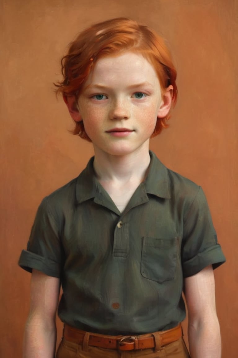 Boy, 8 year old, red hair, pale skin, athletic
Against the plain, terracotta backdrop of an Art Deco design, a charismatic individual poses waist-up, their hair styled with subtle texture and eyes locking onto the camera lens with unbridled confidence. The soft, warm glow illuminates them highlighting delicate features and accentuating their figure.