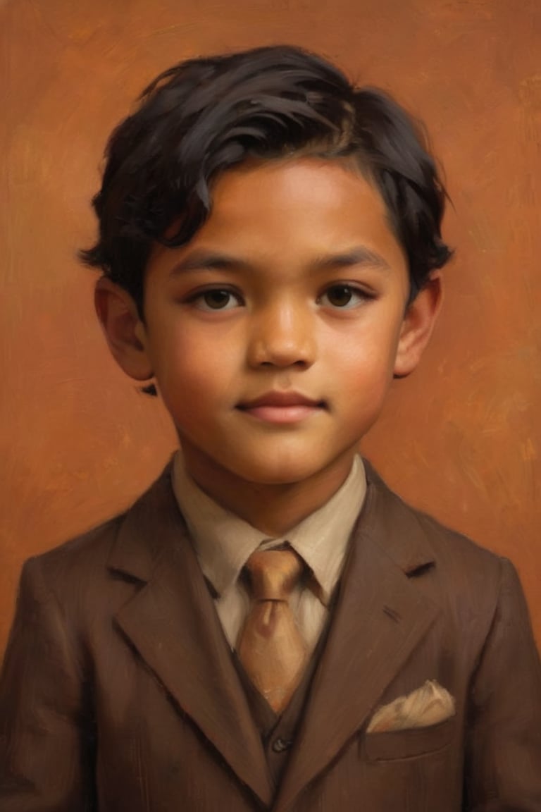 Boy, 5 years old, black hair, light tan skin
Against the plain, terracotta backdrop of an Art Deco design, a charismatic individual poses waist-up, their hair styled with subtle texture and eyes locking onto the camera lens with unbridled confidence. The soft, warm glow illuminates them highlighting delicate features and accentuating their figure.