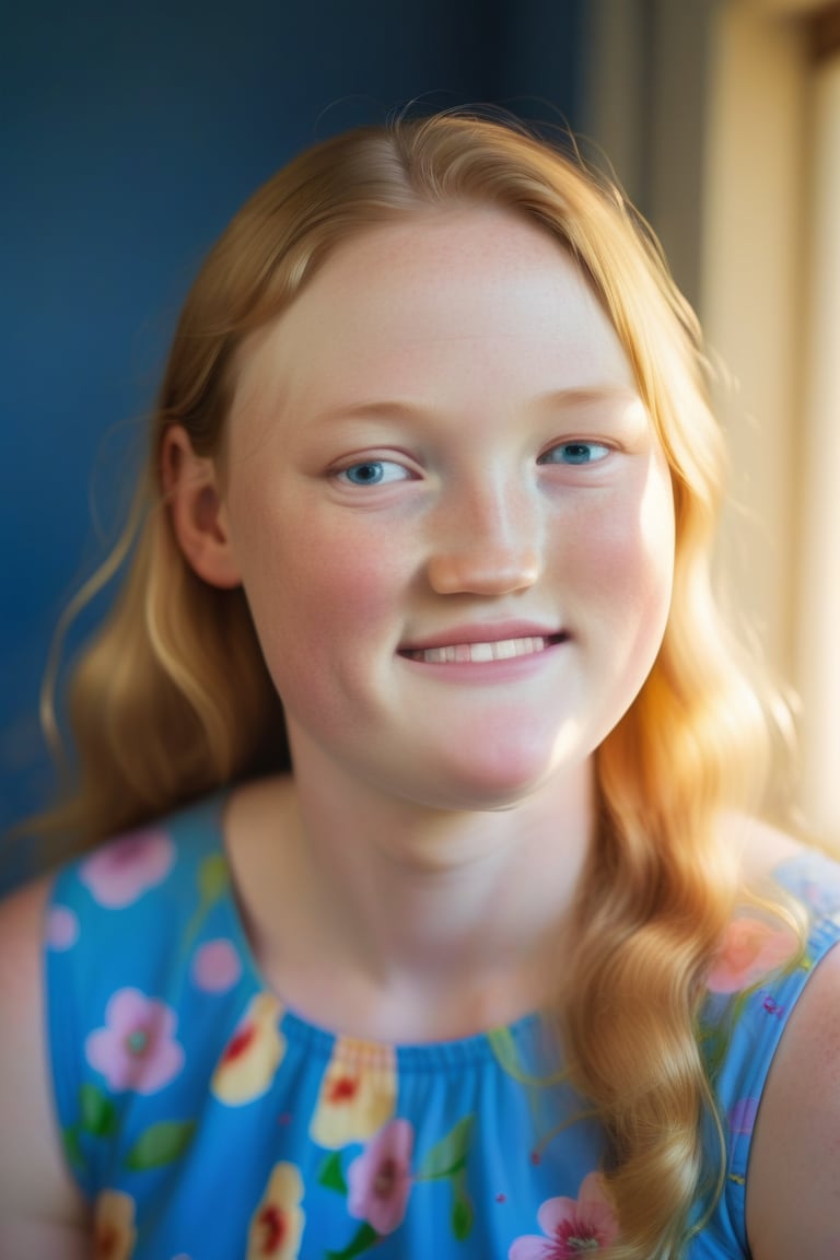 A radiant golden light bathes the 20-year-old woman's muscular body in a studio setting, accentuating her pale freckled skin. She wears a flower-patterned summer dress. Long blonde hair reaches her waist. The camera captures her full round features, highlighting the warm and innocent glow of her closed_mouth_smile. Her bright blue eyes sparkle with joy, beaming directly at the viewer as he radiates warmth and optimism.