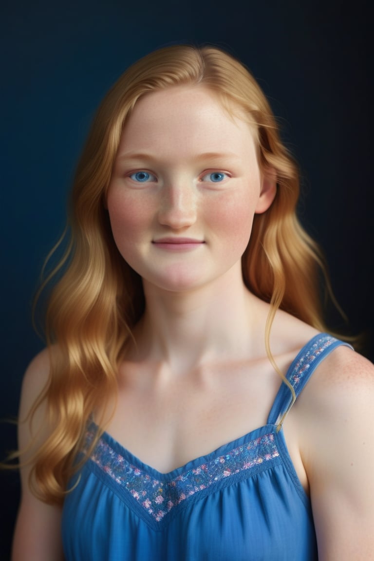 A full-body-length photo. radiant golden light bathes the 20-year-old woman's muscular body in a studio setting, accentuating her pale freckled skin. She wears a blue summer dress. Long blonde hair reaches her waist. The camera captures her full round features, highlighting the warm and innocent glow of her closed_mouth_smile. Her bright blue eyes sparkle with joy, beaming directly at the viewer as he radiates warmth and optimism.