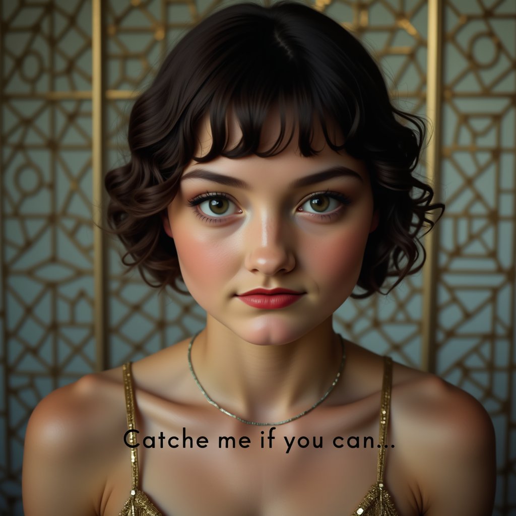 Album cover. A close-up shot of a stunning flapper girl in a dimly lit, ornate Art Deco setting, her face framed by an intricate geometric pattern on the wall behind her. Her bright eyes, painted with subtle glamour, lock onto the camera lens as she smizes, showcasing her bold red lip and soft, wispy bangs. The muted color palette of soft grays, whites, and creams creates a sophisticated ambiance, while the flapper girl's flowing fringe and beaded dress shimmer under the faint light.
Text across the middle of the frame reads "Catche me if you can..."