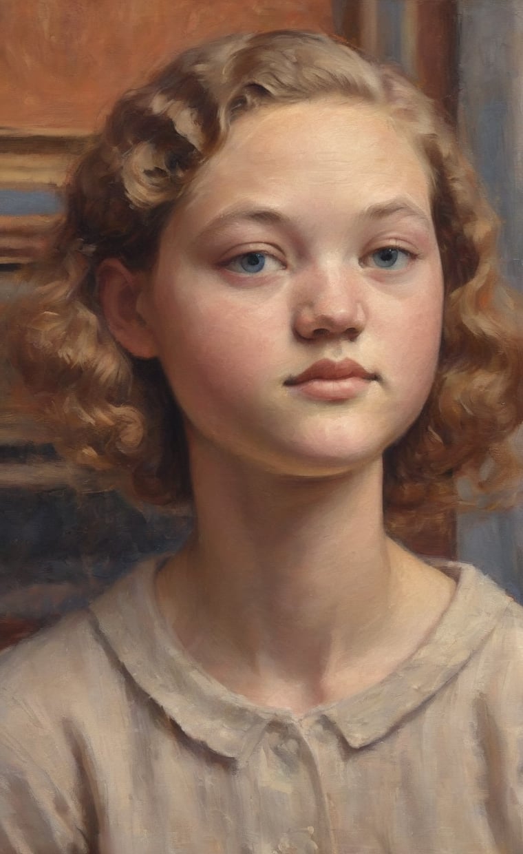 A close-up portrait oil painting of a 16 year old girl exudes Art Deco elegance. The subject's beige complexion glows softly against the warm terracotta background, accentuated by the gentle light filtering through the skylight above. Her hair is styled in loose waves, framing her brown eyes and plump features.