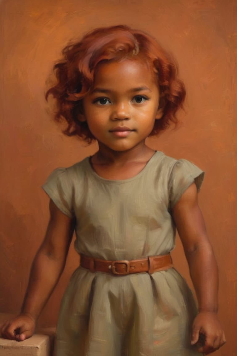 Girl, 2 years old, red hair, dark tan skin
Against the plain, terracotta backdrop of an Art Deco design, a charismatic individual poses waist-up, their hair styled with subtle texture and eyes locking onto the camera lens with unbridled confidence. The soft, warm glow illuminates them highlighting delicate features and accentuating their figure.