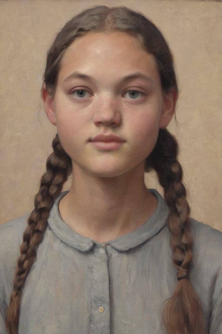 Portrait: A slender, 18-year-old girl with dark brown hair tied in double plaits and light brown eyes gazes directly at the camera, exuding confidence. Her dusky complexion glows under the soft, warm lighting, accentuating her delicate features. The framing of the shot showcases her long neck, which she holds tall and proud, as if embracing her own unique beauty.