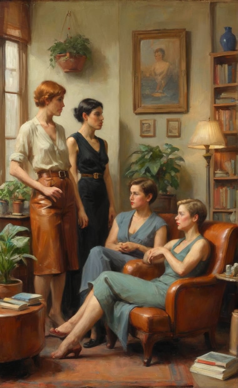 Close up. A trio of modern women, adorned with art deco charm, occupy a plush leather chaise lounge within a well-lit sitting room. Potted plants and shelves of knick-knacks surround them. One woman delves into a worn leather-bound tome, while another contemplates the reader with a thoughtful gaze. The third reclines against the backrest, eyes drifting to some distant horizon as if lost in thought, amidst the soft glow and gentle ambiance.