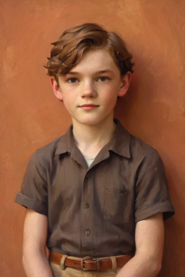 Boy, 12 year old, brown hair, pale skin
Against the plain, terracotta backdrop of an Art Deco design, a charismatic individual poses waist-up, their hair styled with subtle texture and eyes locking onto the camera lens with unbridled confidence. The soft, warm glow illuminates them highlighting delicate features and accentuating their figure.