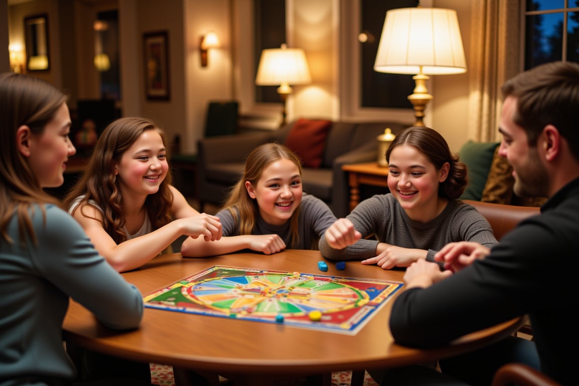 A warm-lit living room scene: a wooden coffee table centered with a vibrant board game in progress. Three giggling sisters, ages 8-10, lean forward, eyes shining with excitement, as they cheer on their moves. Parents, seated across from each other, display competitive intensity, hands hovering over game pieces, faces lit by the soft glow of lamps and the joy of family bonding.