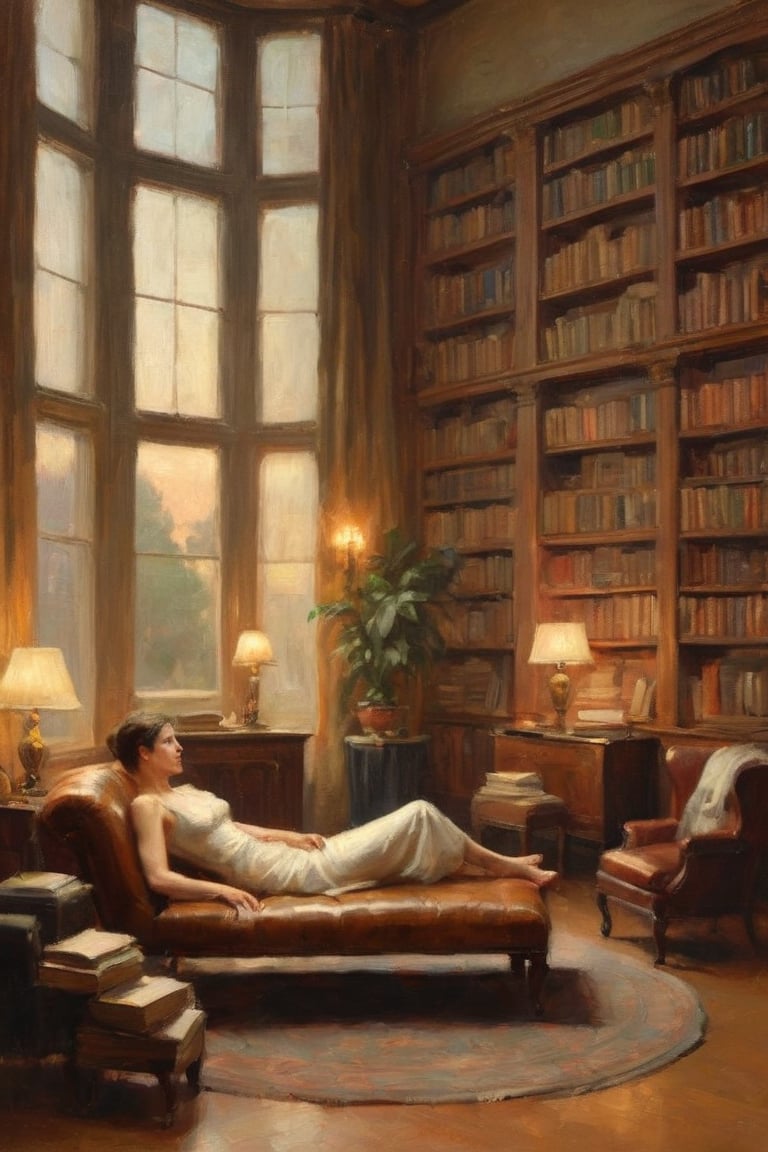 A trio of modern women, adorned with subtle vintage charm, occupy a plush leather chaise lounge within a well-lit library. Towering bookshelves, their spines aglow from the warm sunlight of a skylight, surround them. One woman delves into a worn leather-bound tome, while another contemplates the reader with a thoughtful gaze. The third reclines against the backrest, eyes drifting to some distant horizon as if lost in thought, amidst the soft glow and gentle ambiance.