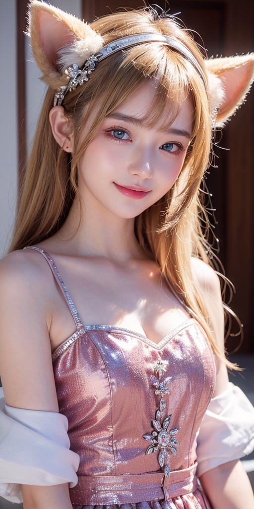 ((highest quality、Masterpiece、High resolution))、(((Zoom photo of upper body))、(A shy smile:1.2)、Light shines in、One 15-year-old female、Beautiful Skin、Beautiful Eyes、Cat ears headband、one piece、Blonde Hair