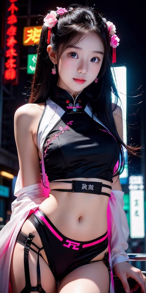 Sexy Pose , (masterpiece),(solo), 1girl, most beautiful korean girl, Korean beauty model, stunningly beautiful girl, gorgeous girl, 18yo, over sized eyes, big eyes, smiling, looking at viewer, (white long hair), attractive, in the dark night, (sexy colorful Chinese Hanfu+body implants), (highly detailed background of ancient Chinese achitechture with neon lights), Cyberpunk, traditional Chinese Sexy outfits , SLASH IN KHANFU