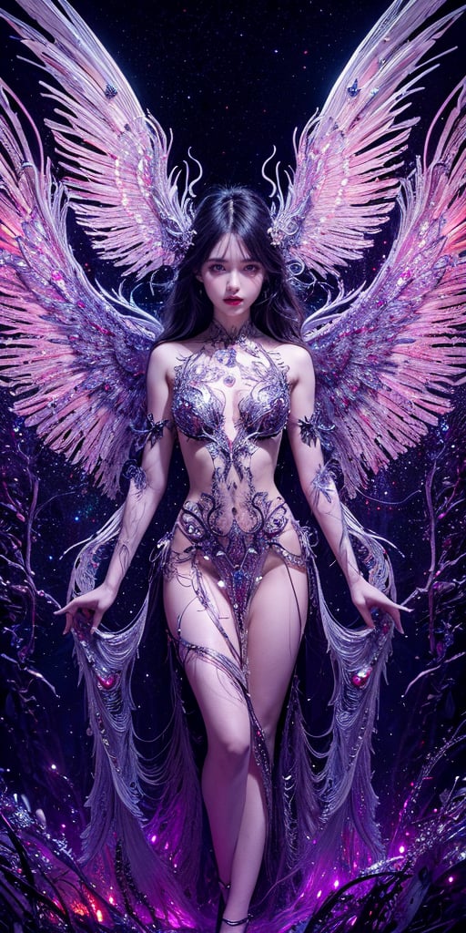 Horror-themed Abstract style, otherworldly being with luminous ethereal wings, radiating an aura of tranquility and grace, body adorned with intricate patterns and delicate lines, evoking a sense of harmony amidst chaos, high detail, award winning masterpiece with incredible details, non-representational, colors and shapes, expression of feelings, imaginative, highly detailed, eerie, unsettling, dark, spooky, suspenseful, grim, highly detailed, 