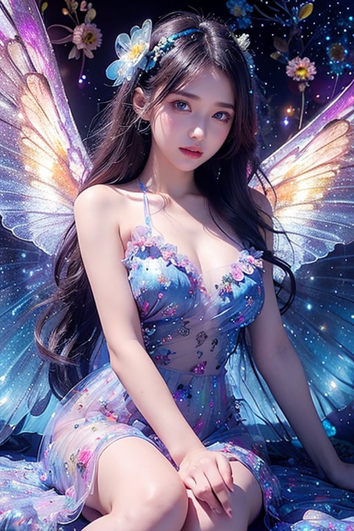 4k ultra hd, masterpiece, a girl, good face, detailed eyes, detailed lips, flower fairy girl, big wings, transparent wings, neon lights, (galaxy background:1.5), (flower dress:1.5), (blue dress:1.4), in the heaven, sitting on the rock,