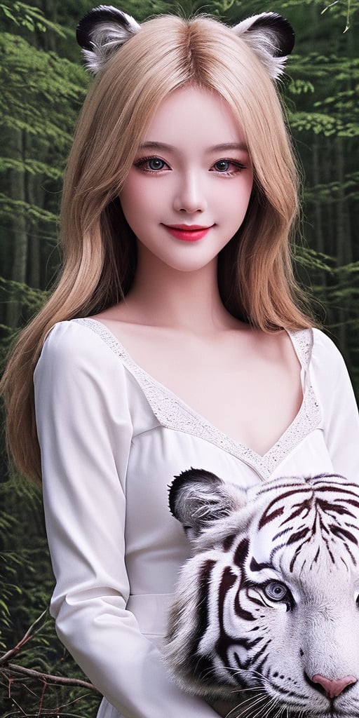 Standing in the forest、hair flow、((highest quality、Artwork、8K、Best image quality、ultra-high resolution、(look at me and smile:)、Shining fair skin with ultra-high resolution、The face more detailed、ultra-high resolution detailed face、ultra-high resolutionのblond hair、(ultra-high resolution eye)、Beautiful face drawn in every detail、traditional Russian costume , Chest to chest, strange atmosphere, Next to him is a real white tiger, black light, in the forest, heavy makeup
