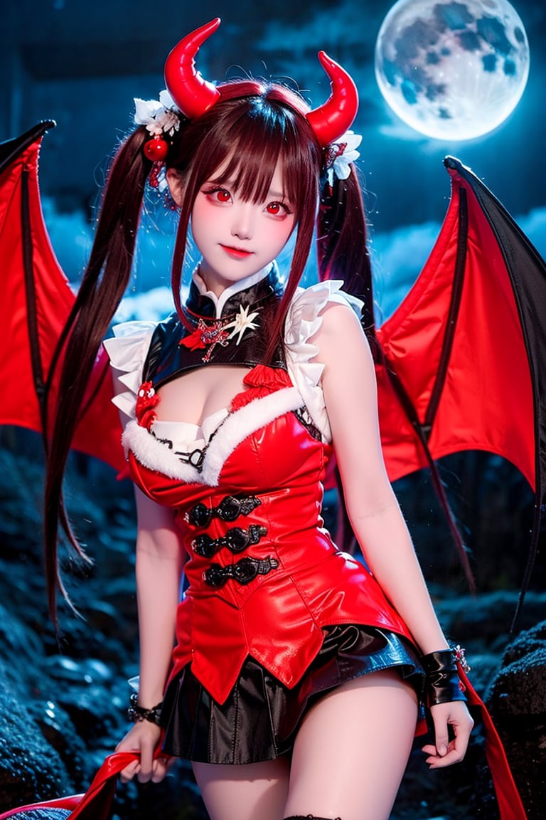 masterpiece, (best quality:1.2), [:intricate details:0.2], demon girl, skirt, (red eyes:1.3), demon horns, demon wings, demon tail, enchanting gaze, captivating pose, otherworldly charm, mystical sky, moonlit night, cloud,
