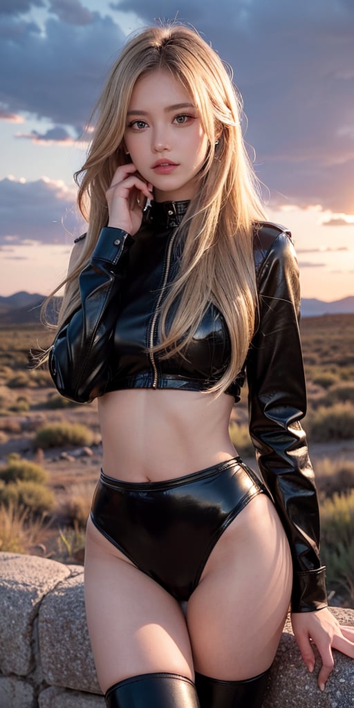 A stunning blonde woman, her long hair flowing like the wind, stands confidently in the midst of a breathtaking Colorado wild west landscape at sunset. She's clad in black leather pants, accentuating her toned legs, paired with a rugged checkered shirt that adds to her adventurous charm. The golden hour casts a warm glow on her features, as the rocky mountains and open plains stretch out behind her, bathed in the soft orange hues of the setting sun.