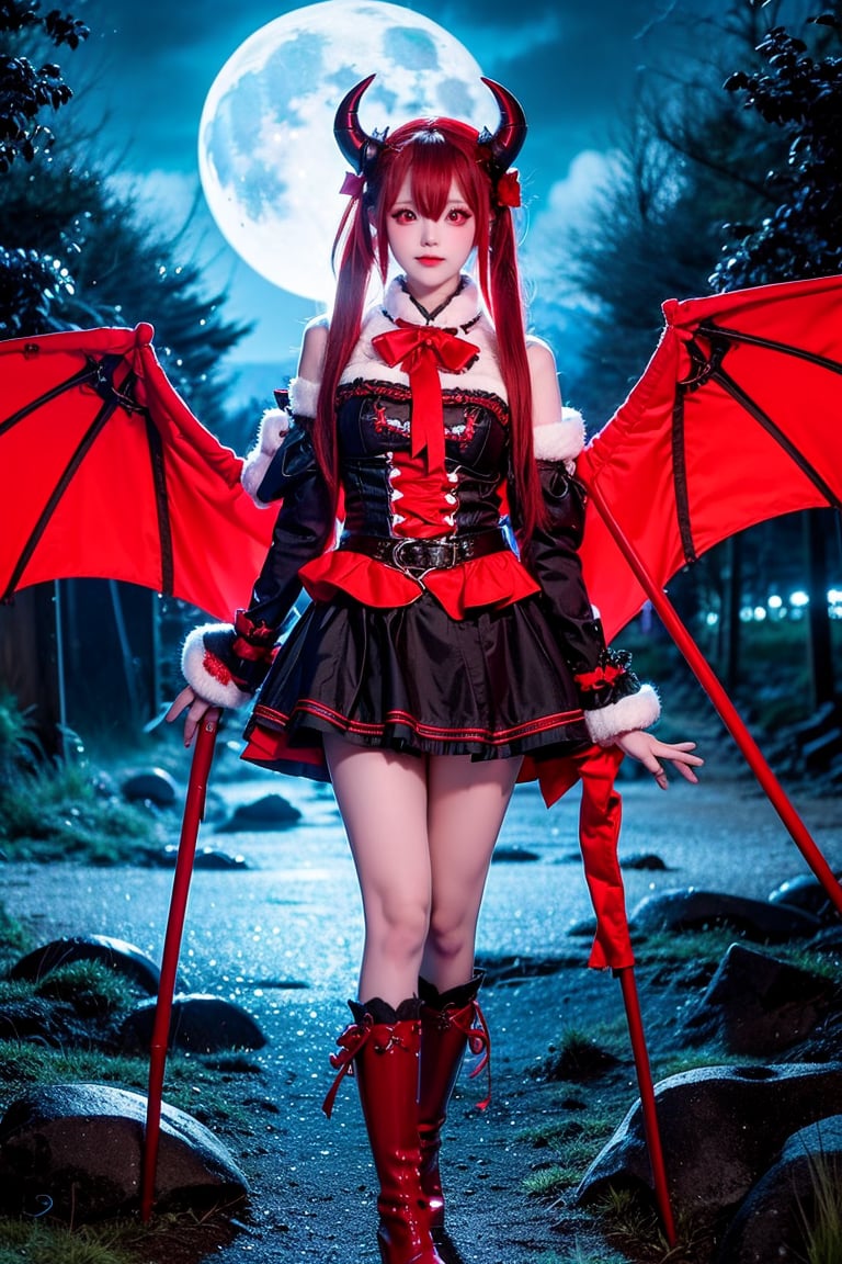 masterpiece, (best quality:1.2), [:intricate details:0.2], demon girl, skirt, (red eyes:1.3), demon horns, demon wings, demon tail, enchanting gaze, captivating pose, otherworldly charm, mystical sky, moonlit night, cloud,
