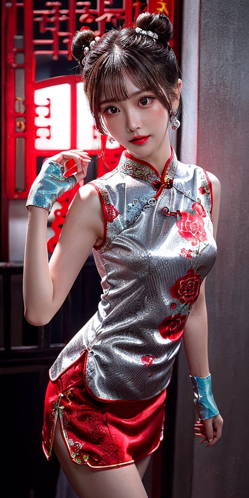 masutepiece, Best Quality, Ultra-detailed, finely detail, hight resolution, 8K Wallpaper, Perfect dynamic composition, Natural Color Lip,(Wearing a red cheongsam,:1.3),(silver double buns hair:1.3),drawn action: (The girl has to be standing in a sexy pose :1.3),20 years,cowboy_shot,In the darkness,red light