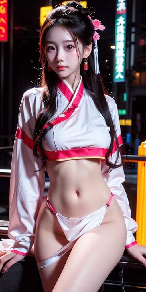 Sexy Pose , (masterpiece),(solo), 1girl, most beautiful korean girl, Korean beauty model, stunningly beautiful girl, gorgeous girl, 18yo, over sized eyes, big eyes, smiling, looking at viewer, (white long hair), attractive, in the dark night, (sexy colorful Chinese Hanfu+body implants), (highly detailed background of ancient Chinese achitechture with neon lights), Cyberpunk, traditional Chinese Sexy outfits , SLASH IN KHANFU