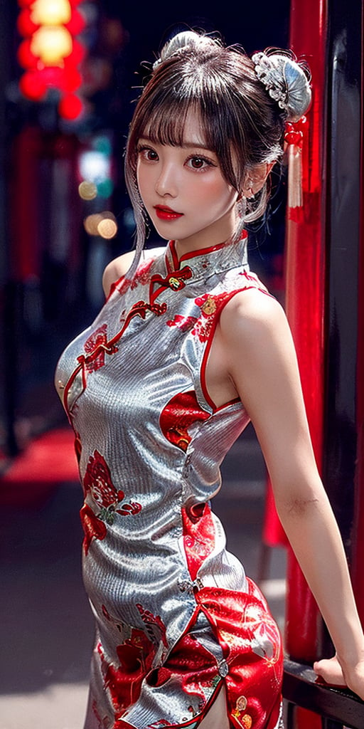 masutepiece, Best Quality, Ultra-detailed, finely detail, hight resolution, 8K Wallpaper, Perfect dynamic composition, Natural Color Lip,(Wearing a red cheongsam,:1.3),(silver double buns hair:1.3),drawn action: (The girl has to be standing in a sexy pose :1.3),20 years,cowboy_shot,In the darkness,red light