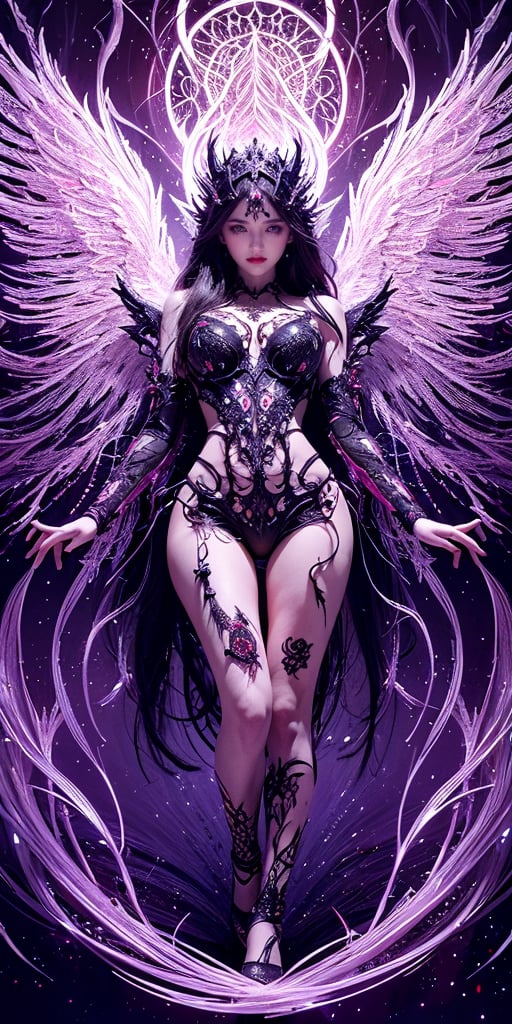 Horror-themed Abstract style, otherworldly being with luminous ethereal wings, radiating an aura of tranquility and grace, body adorned with intricate patterns and delicate lines, evoking a sense of harmony amidst chaos, high detail, award winning masterpiece with incredible details, non-representational, colors and shapes, expression of feelings, imaginative, highly detailed, eerie, unsettling, dark, spooky, suspenseful, grim, highly detailed, 