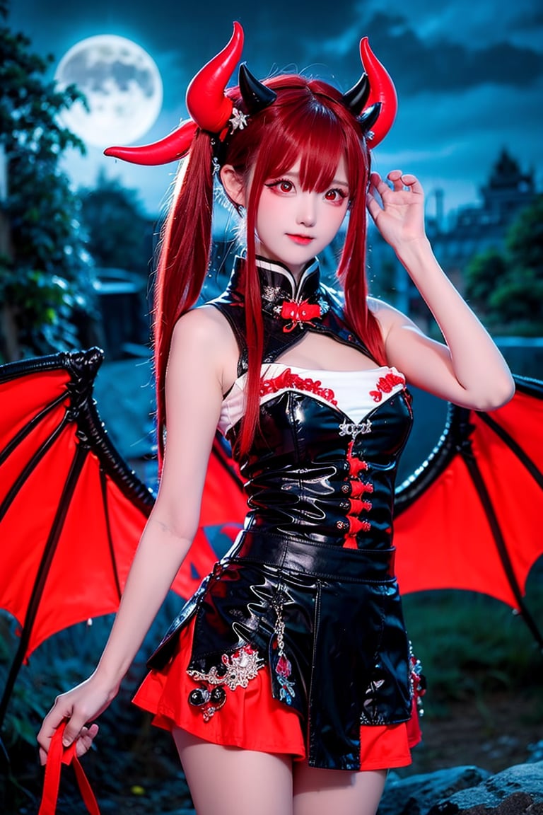 masterpiece, (best quality:1.2), [:intricate details:0.2], demon girl, skirt, (red eyes:1.3), demon horns, demon wings, demon tail, enchanting gaze, captivating pose, otherworldly charm, mystical sky, moonlit night, cloud,
