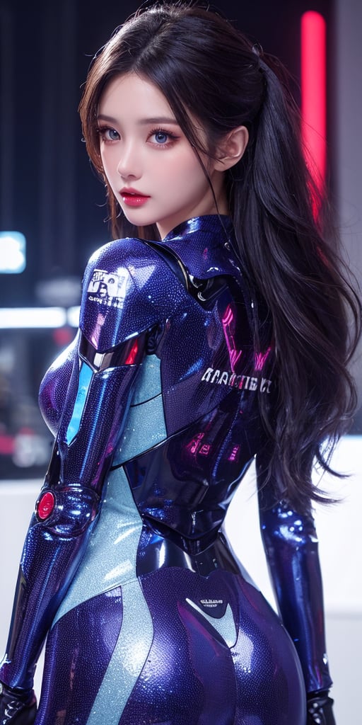 Best picture quality, high resolution, 8k, realistic, sharp focus, realistic image of elegant lady, beauty, supermodel, long hair, beautiful eyes, wearing high-tech cyberpunk style blue suit, radiant Glow, sparkling suit, mecha, perfectly customized high-tech suit, ice theme, custom design, 1 girl,swordup, looking at viewer