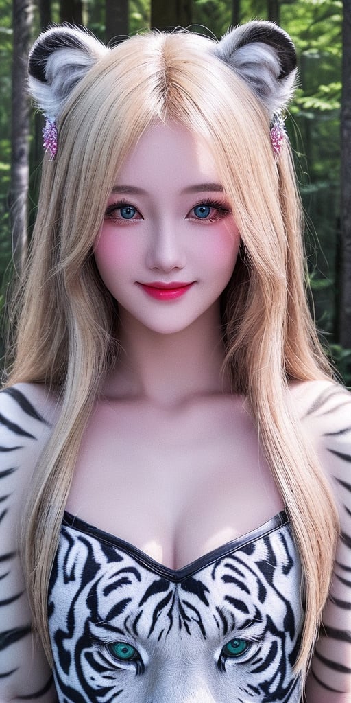 Standing in the forest、hair flow、((highest quality、Artwork、8K、Best image quality、ultra-high resolution、(look at me and smile:)、Shining fair skin with ultra-high resolution、The face more detailed、ultra-high resolution detailed face、ultra-high resolutionのblond hair、(ultra-high resolution eye)、Beautiful face drawn in every detail、traditional Russian costume , Chest to chest, strange atmosphere, Next to him is a real white tiger, black light, in the forest, heavy makeup
