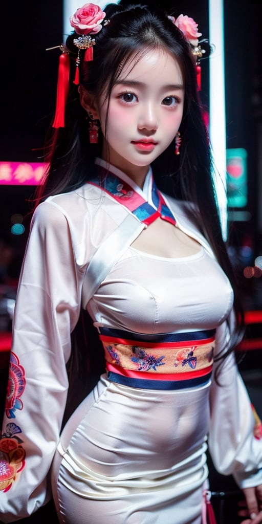 Sexy Pose , (masterpiece),(solo), 1girl, most beautiful korean girl, Korean beauty model, stunningly beautiful girl, gorgeous girl, 18yo, over sized eyes, big eyes, smiling, looking at viewer, (white long hair), attractive, in the dark night, (sexy colorful Chinese Hanfu+body implants), (highly detailed background of ancient Chinese achitechture with neon lights), Cyberpunk, traditional Chinese Sexy outfits , SLASH IN KHANFU