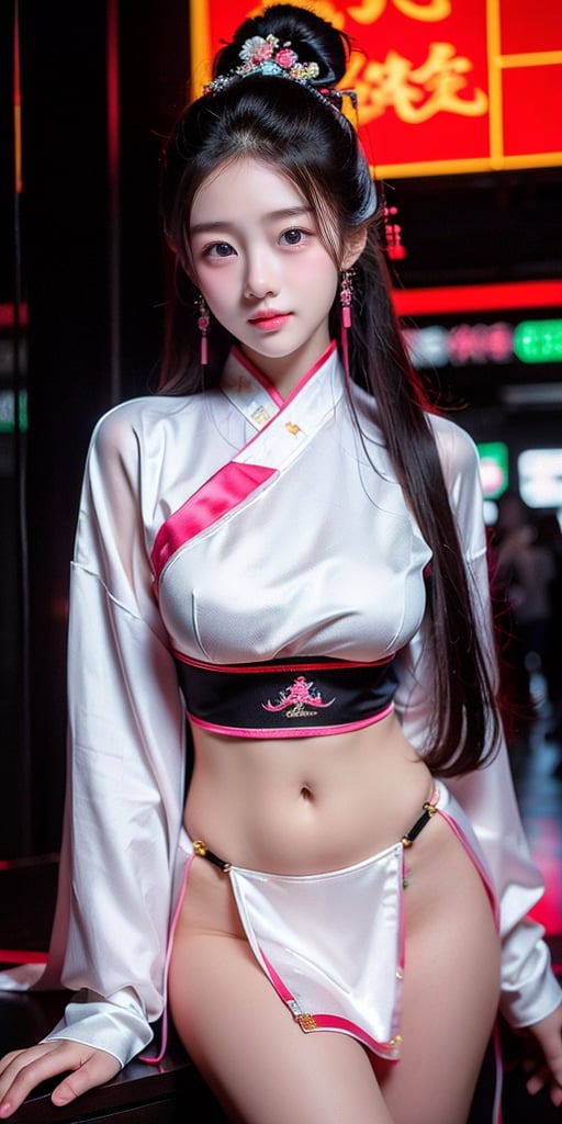 Sexy Pose , (masterpiece),(solo), 1girl, most beautiful korean girl, Korean beauty model, stunningly beautiful girl, gorgeous girl, 18yo, over sized eyes, big eyes, smiling, looking at viewer, (white long hair), attractive, in the dark night, (sexy colorful Chinese Hanfu+body implants), (highly detailed background of ancient Chinese achitechture with neon lights), Cyberpunk, traditional Chinese Sexy outfits , SLASH IN KHANFU