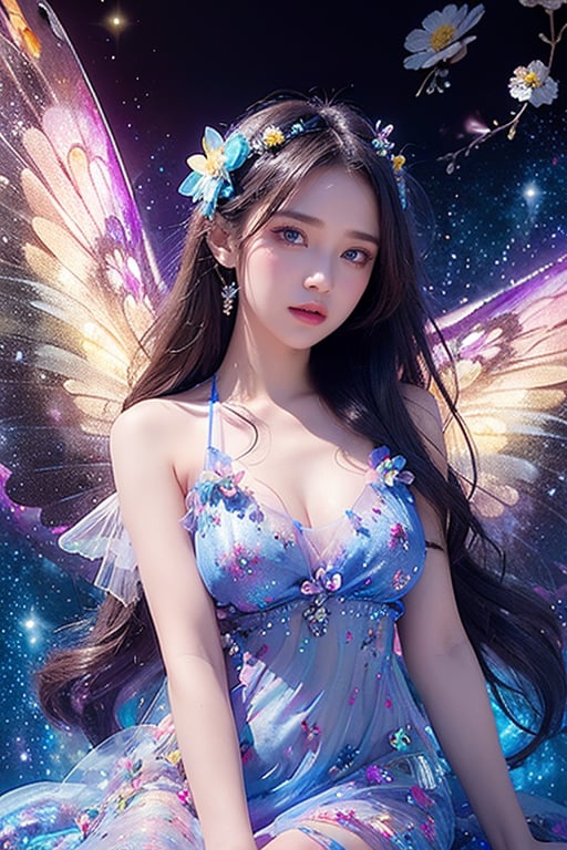 4k ultra hd, masterpiece, a girl, good face, detailed eyes, detailed lips, flower fairy girl, big wings, transparent wings, neon lights, (galaxy background:1.5), (flower dress:1.5), (blue dress:1.4), in the heaven, sitting on the rock,