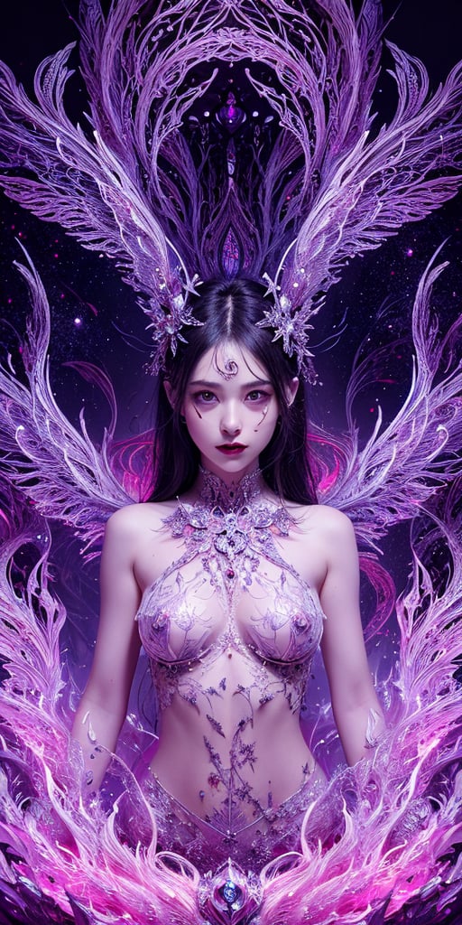 Horror-themed Abstract style, otherworldly being with luminous ethereal wings, radiating an aura of tranquility and grace, body adorned with intricate patterns and delicate lines, evoking a sense of harmony amidst chaos, high detail, award winning masterpiece with incredible details, non-representational, colors and shapes, expression of feelings, imaginative, highly detailed, eerie, unsettling, dark, spooky, suspenseful, grim, highly detailed, 