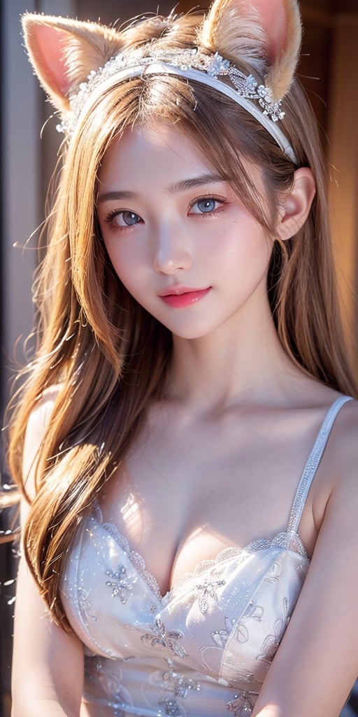 ((highest quality、Masterpiece、High resolution))、(((Zoom photo of upper body))、(A shy smile:1.2)、Light shines in、One 15-year-old female、Beautiful Skin、Beautiful Eyes、Cat ears headband、one piece、Blonde Hair