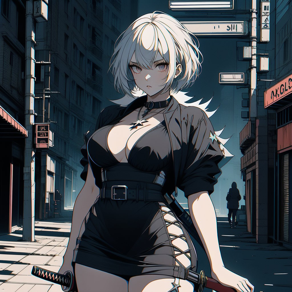 A young ninja girl with a blunt-cut short hairstyle and silver-white hair, wearing a long red scarf around her neck and dressed in a black form-fitting outfit. She has an A-cup chest and a 1:7 head-to-body ratio. She is posed with her arms outstretched, holding a katana in her right hand and a cross-shaped shuriken in her left hand. The illustration should be in a cyberpunk style, with a strong contrast between the character and the background, highlighting a futuristic, neon-lit urban environment with high-tech elements.,SAT1N ninja girl black dress socks