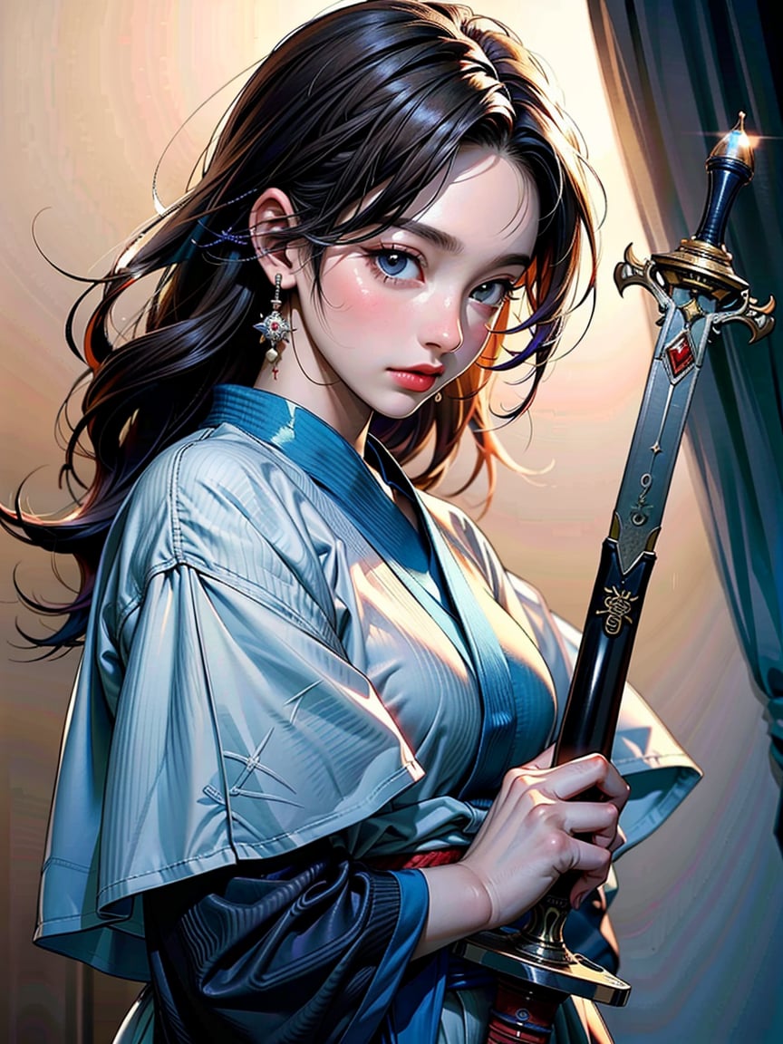 (8k, best quality, masterpiece:1.2),(realistic, photo-realistic:1.37),ultra-detailed,((score_9), score_8_up, score_7_up), high quality, high resolution, high precision, solo, One woman, looking at viewer, ((have Long sword,Japanese sword,Blue Flame,Reflection of light)), Close-up Background, samurai,Focus,she has the dignity of a general.,overwhelm,ambition,Mizuki_Lin,Hold the sword in front of eyes with both hands,