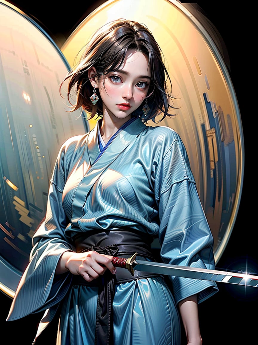 (8k, best quality, masterpiece:1.2),(realistic, photo-realistic:1.37),ultra-detailed,((score_9), score_8_up, score_7_up), high quality, high resolution, high precision, solo, One woman, looking at viewer, ((have Long sword,Japanese sword,Blue Flame,Reflection of light)), Close-up Background, samurai,Focus,she has the dignity of a general.,overwhelm,ambition,Mizuki_Lin,Hold the sword in front of eyes with both hands,