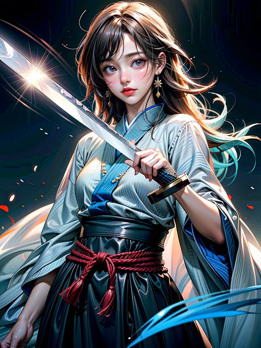 (8k, best quality, masterpiece:1.2),(realistic, photo-realistic:1.37),ultra-detailed,((score_9), score_8_up, score_7_up), high quality, high resolution, high precision, solo, One woman, looking at viewer, ((have Long sword,Japanese sword,Blue Flame,Reflection of light)), Close-up Background, samurai,Focus,she has the dignity of a general.,overwhelm,ambition,Mizuki_Lin,Hold the sword in front of eyes with both hands,