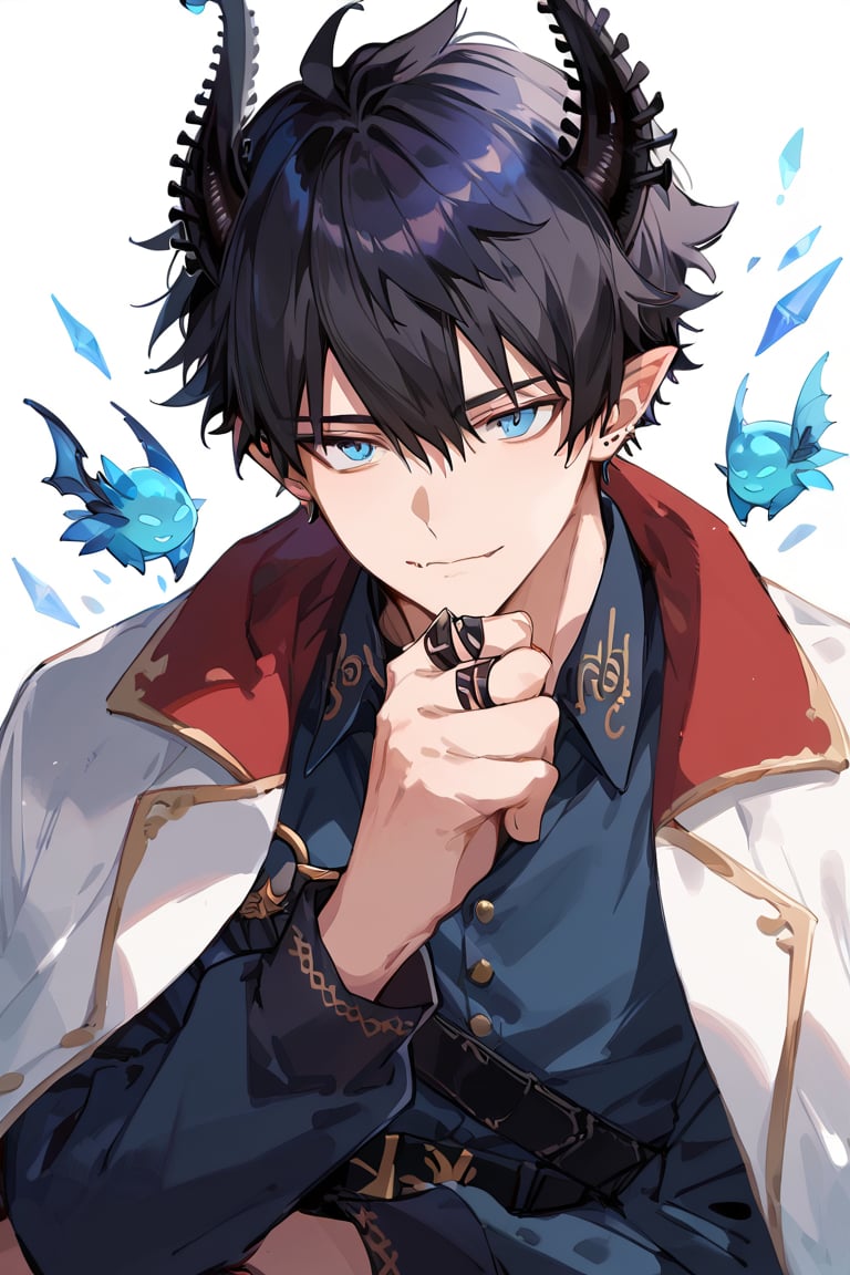 score_9, score_8_up, score_7_up, masterpiece, best quality, 1boy, male focus, ren_zotto, horns, black hair, blue eyes, pointy ears, looking at viewer